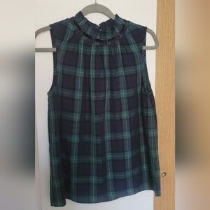 Talbots Navy and Green Plaid Sleeveless Ruffle-Neck Blouse